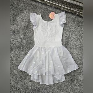 MdnMd Bow Print Girls Ruffle Sleeve Ballet Dance Dress Tutu Skirted Leotard. Whi